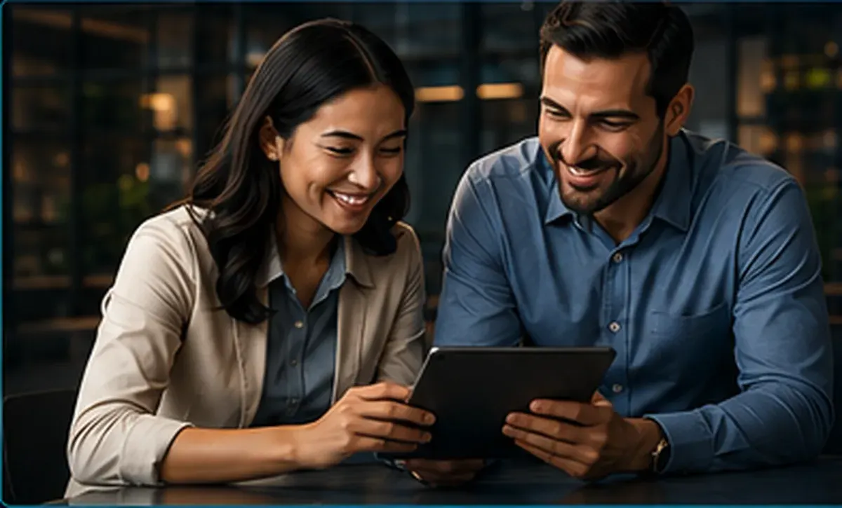 Two founders reviewing a tablet together.