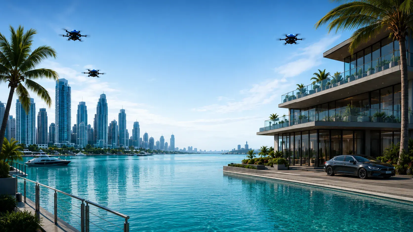 Waterfront city skyline with a modern connected home for Kenmore New Ventures.