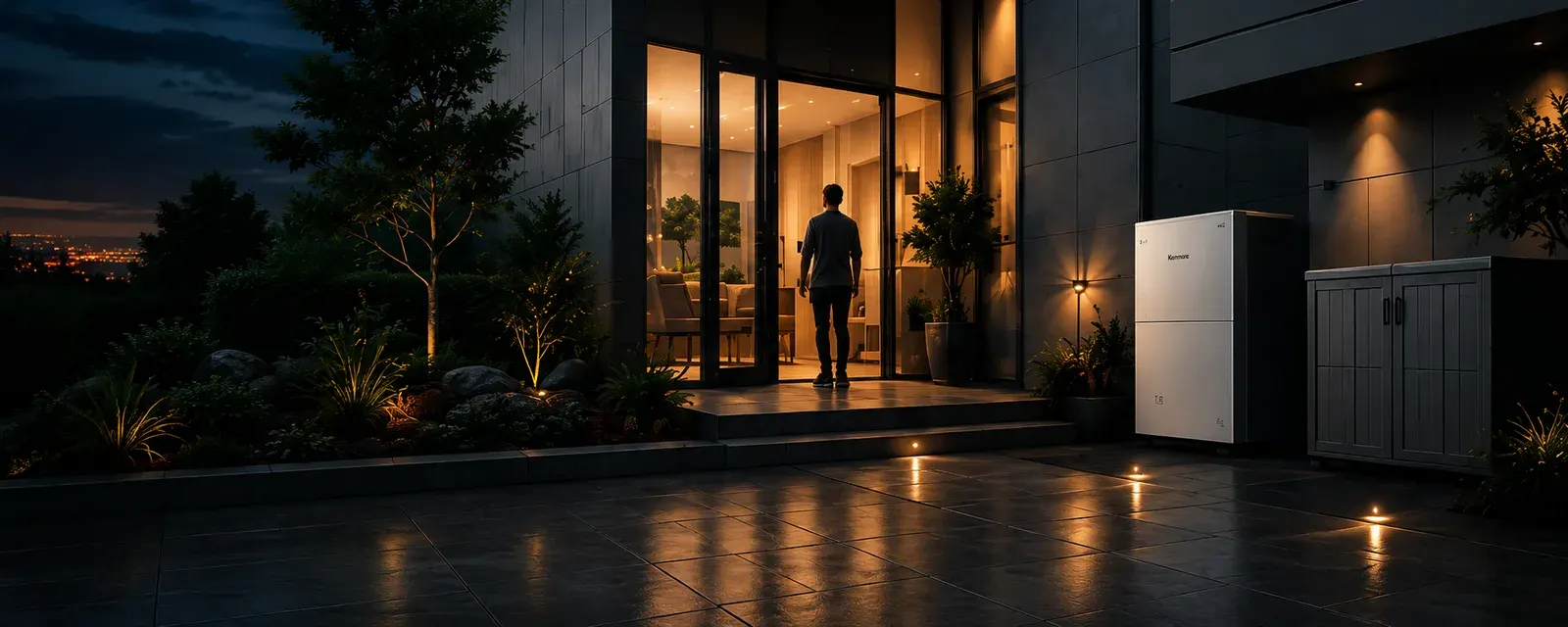 A person entering a modern home at night beside a Kenmore energy storage unit.