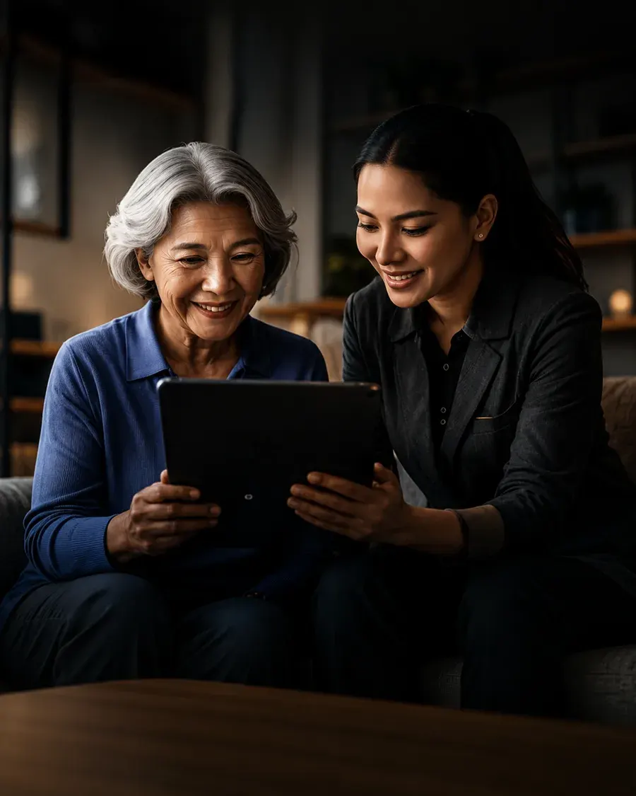 An older adult and a caregiver using a tablet together at home.