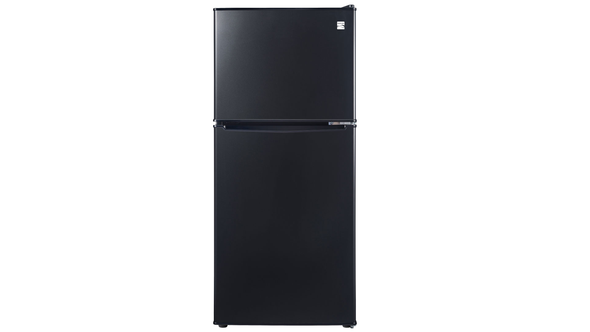 Kenmore 4 cubic foot fridge, black, front view.