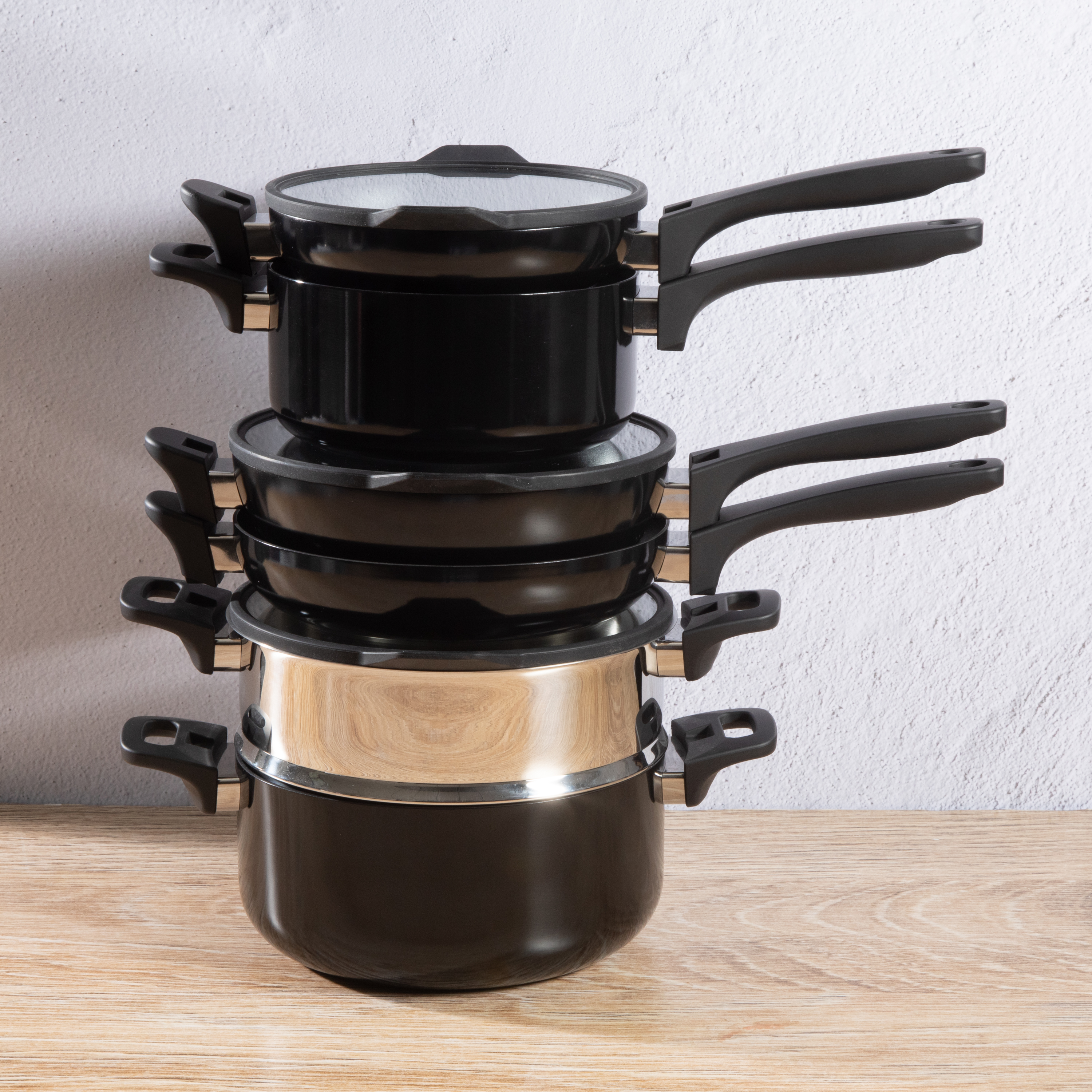 Kenmore Grayson Stackable Nonstick Aluminum Cookware Set, 9-piece, Soft Touch Bakelite Handle, Black