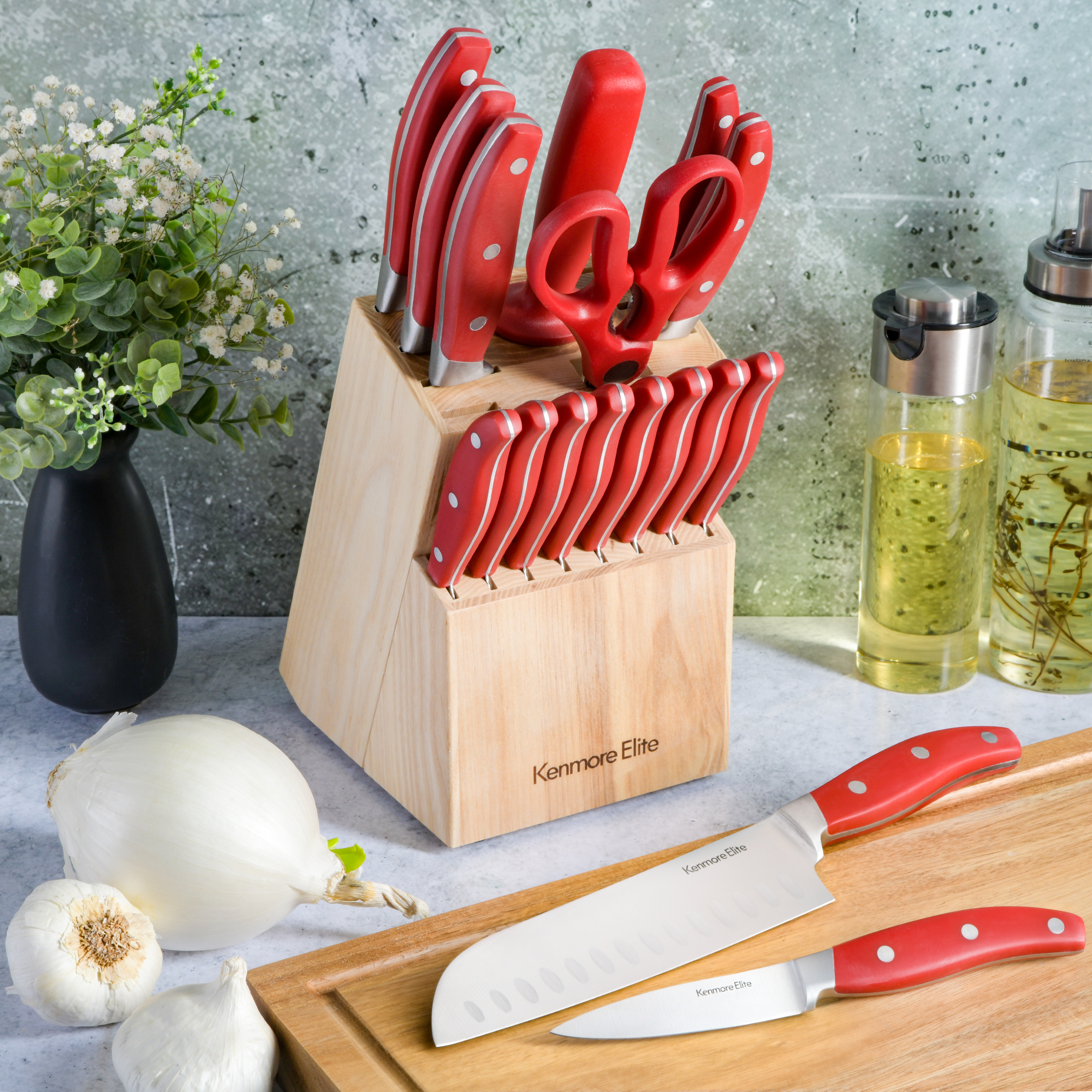 Kenmore Elite Lucas Forged Stainless Steel Kitchen Cutlery Knife Block Set, 18-Piece, Red/Ashwood (Block)
