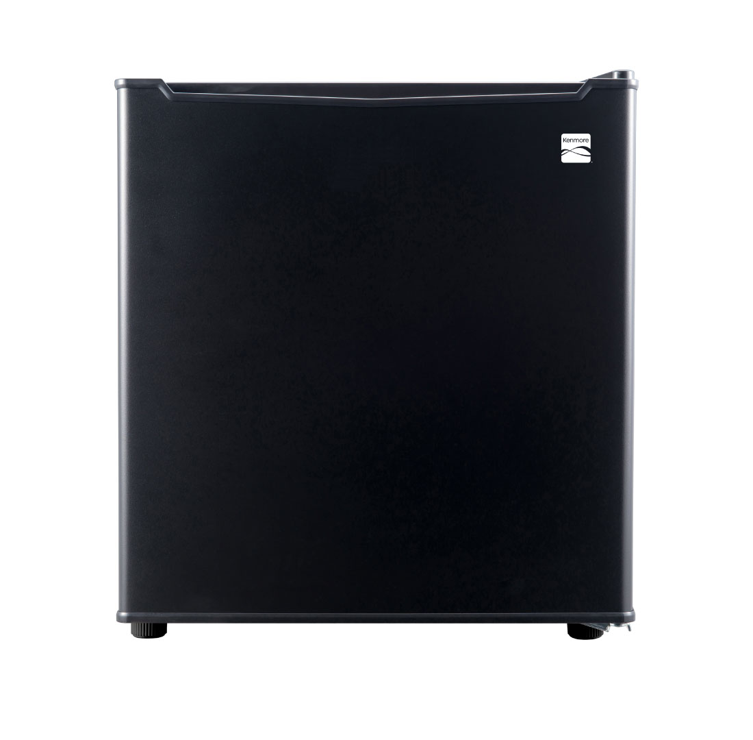 Kenmore 1.7 cubic foot fridge, black, front view.
