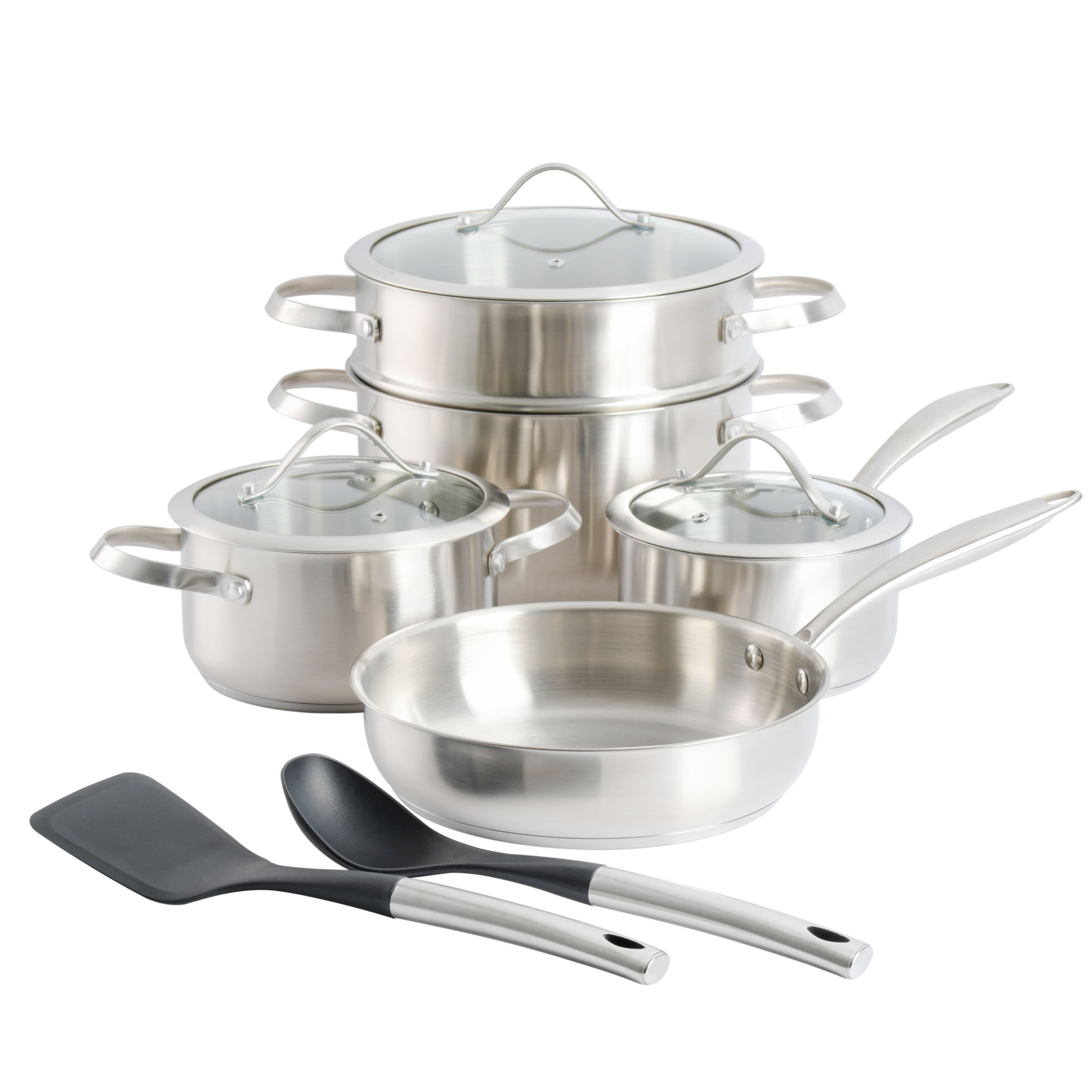 Kenmore Aiden Stainless Steel Cookware Set with Kitchen Tools, 10-piece, Brushed Stainless Steel
